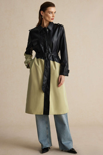 Contrast Faux Leather Patchwork Pocket Belted Coat