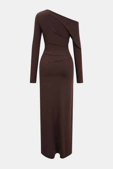 Asymmetrical Neck Ruched Long-Sleeve Maxi Dress