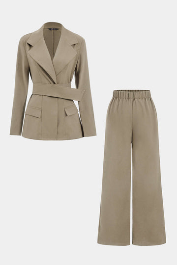 Notched Lapel Belted Blazer And Trousers Set