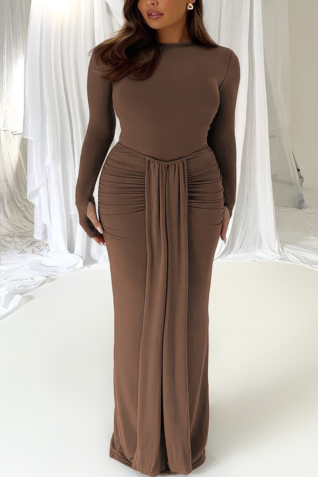 Plus Size Long Sleeve Tie Front Ruched Maxi Dress