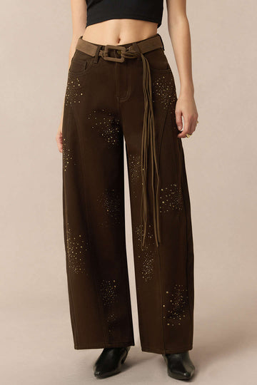 Denim Rhinestone Cecor Blted Wide Leg Jeans