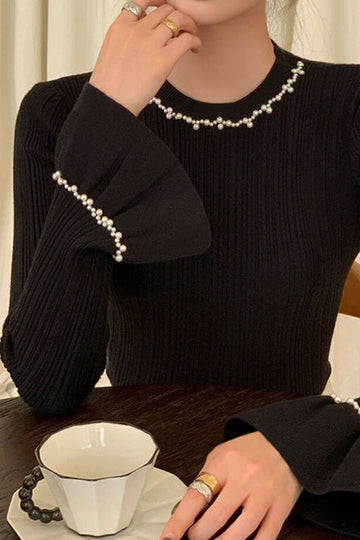 Beaded Round Neck Longærme top