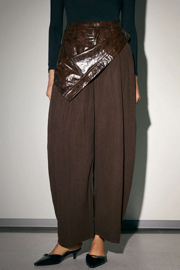 Faux Leather Patchwork Zipper Wide Leg Pocket Barrel Trousers