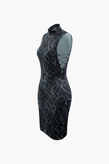 Abstract Line Print Side Tie Sleeveless Mini Dress
