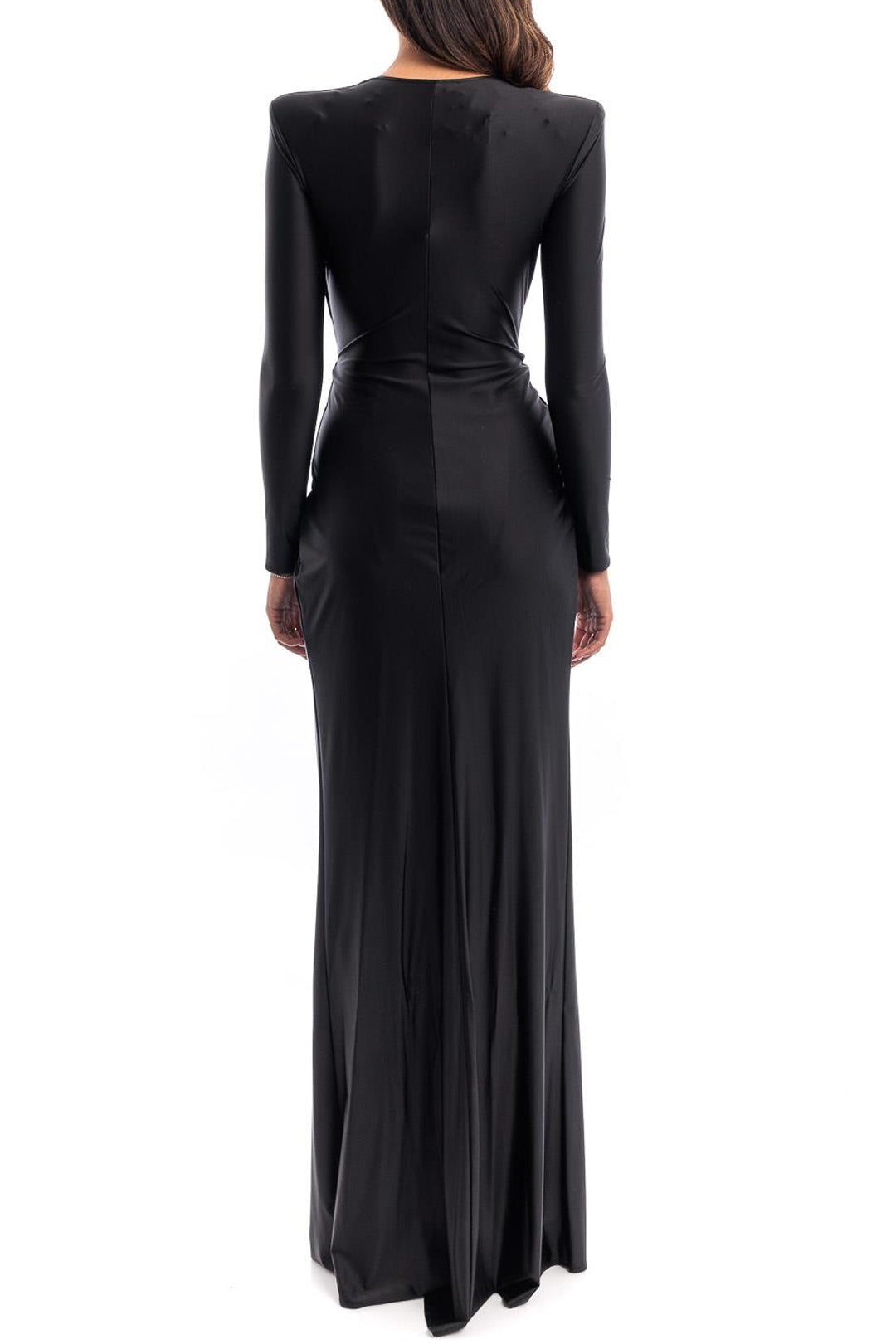 V-neck Pearl Cross Twist Front Ruched Long Sleeve Maxi Dress