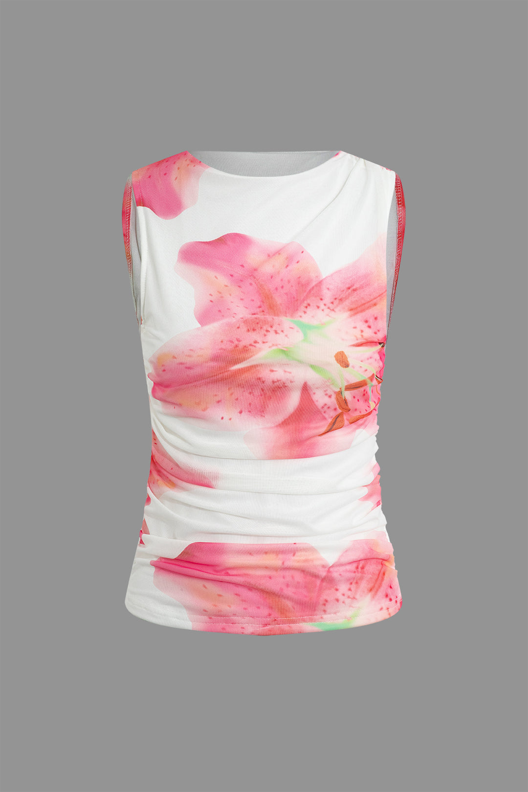 Lily Print Ruched Mesh Tank Top
