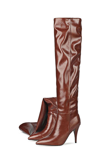 Ruched Faux Leather Pointed Toe Knee High Boots