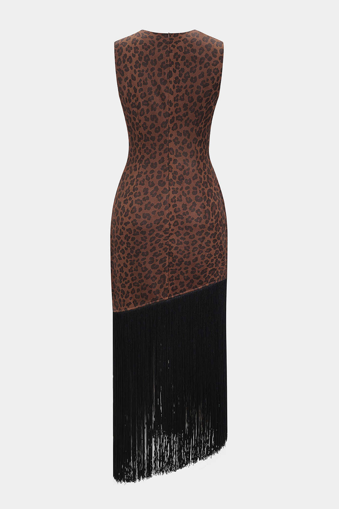 Leopard Print Suede Round Neck Fringe Asymmetrical Maxi Dress