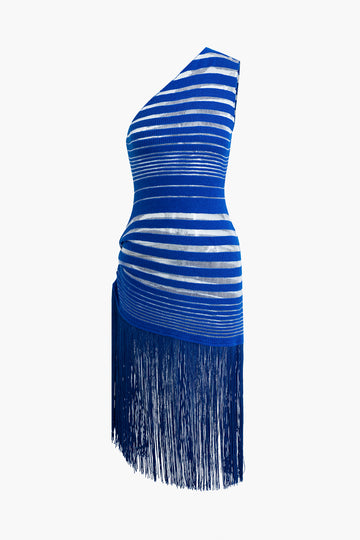 Striped Hollow Out One Shoulder Fringed Midi Dress