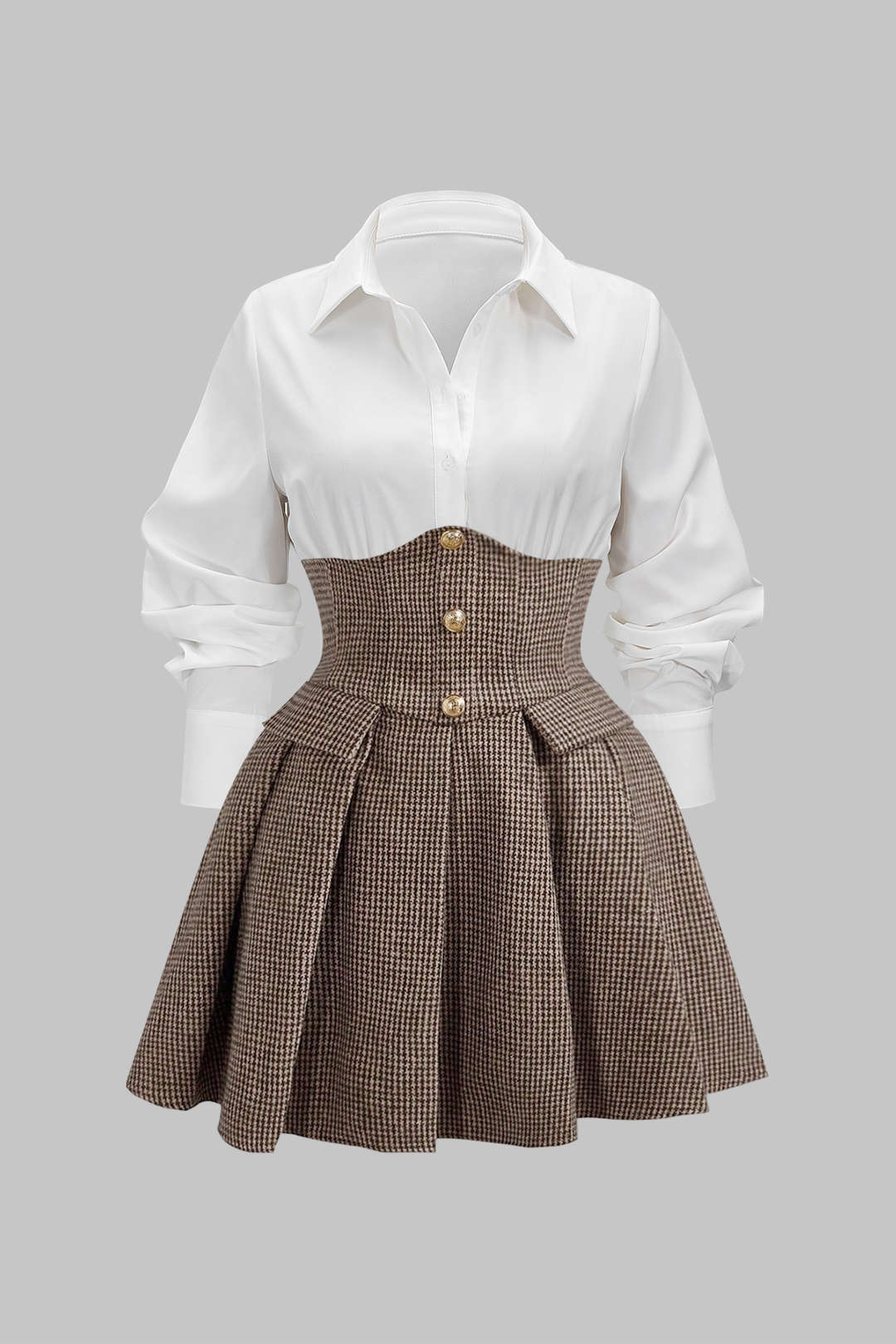 Houndstooth Print Patchwork Pleated High Waist Long-Sleeve Mini Dress