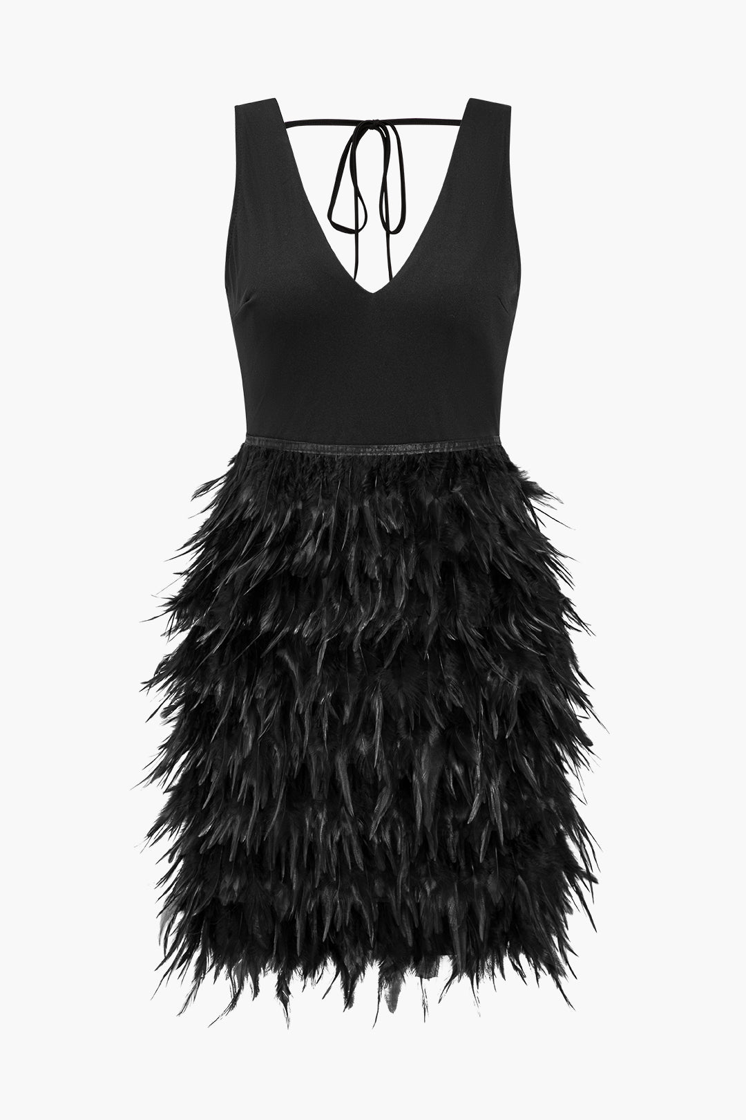 Feather V-Neck Tie-Up Sleeveless Mini Dress