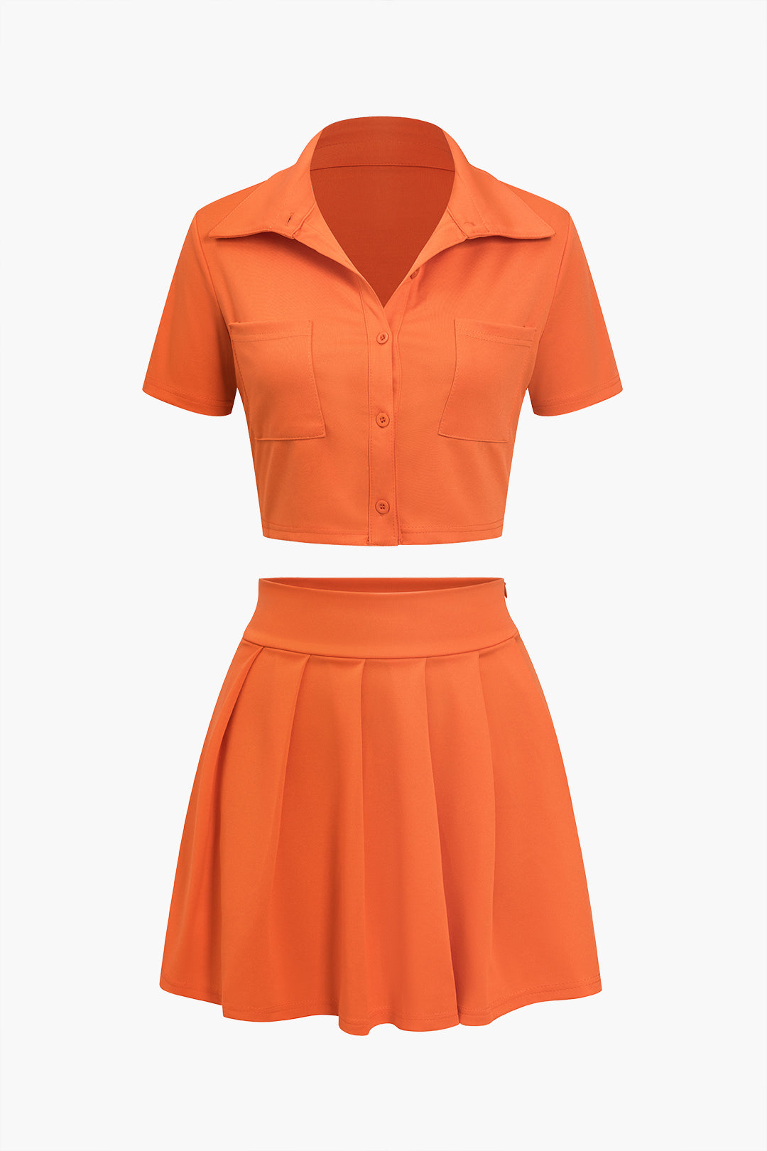 Solid Button-Up Crop Top And Pleated Mini Skirt Set