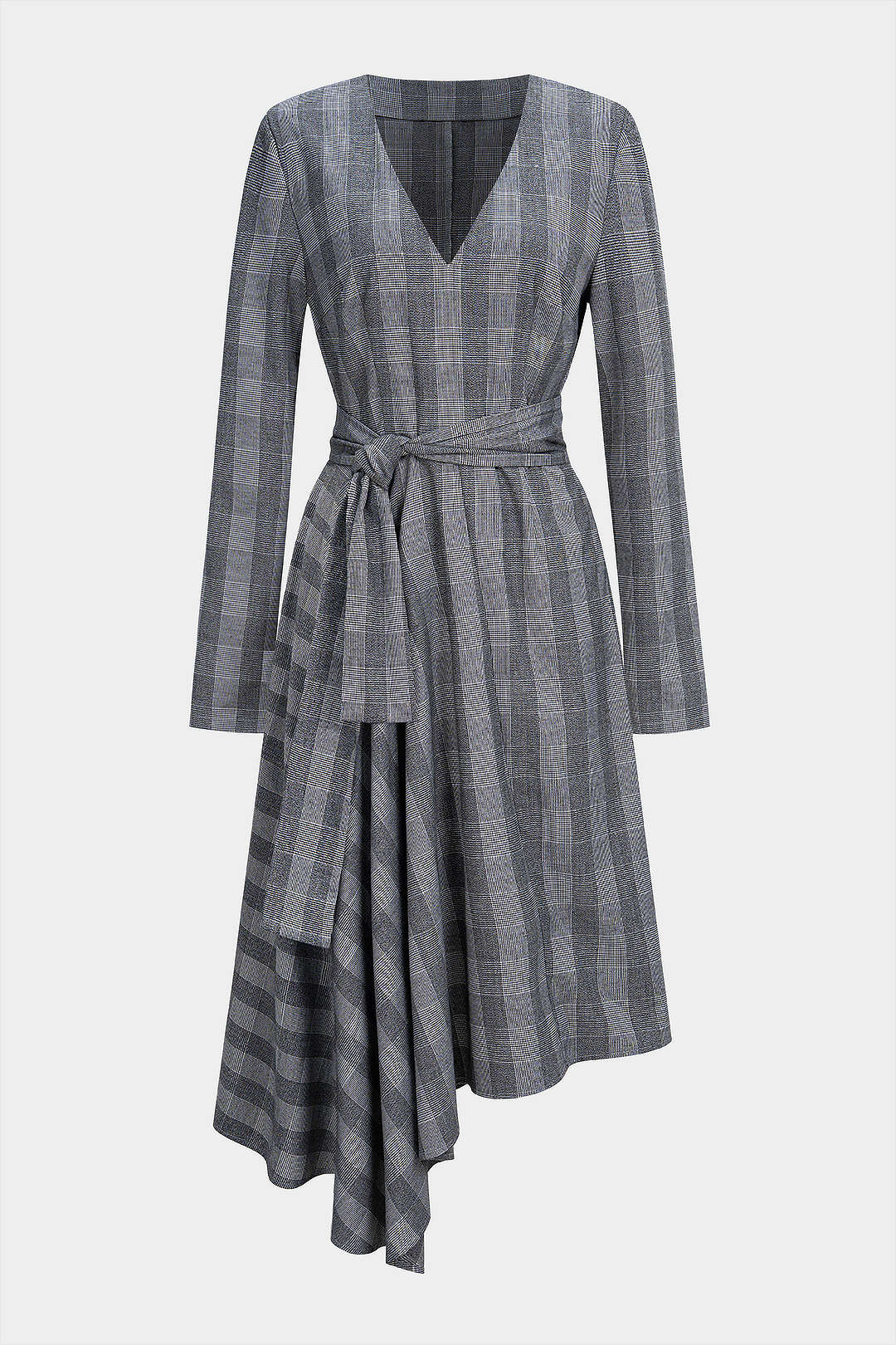 Plaid Print V-Neck Knot Ruched Asymmetrical Hem Long-Sleeve Midi Dress