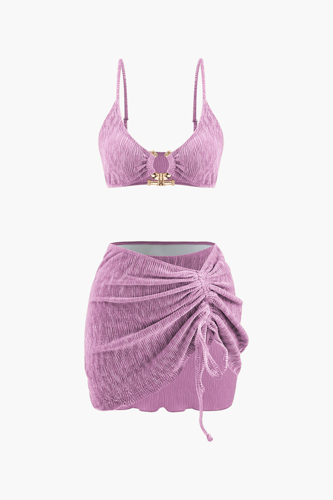 Velvet Textured U-ring Bikini And Sarong 3pc Set – Micas