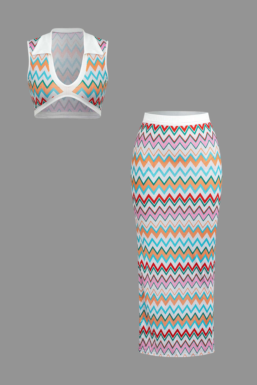 Contrast V-neck Crop Knit Tank Top And Split Maxi Skirt Set