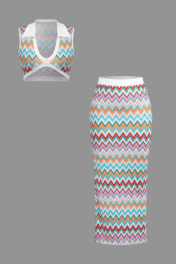 Contrast V-neck Crop Knit Tank Top And Split Maxi Skirt Set