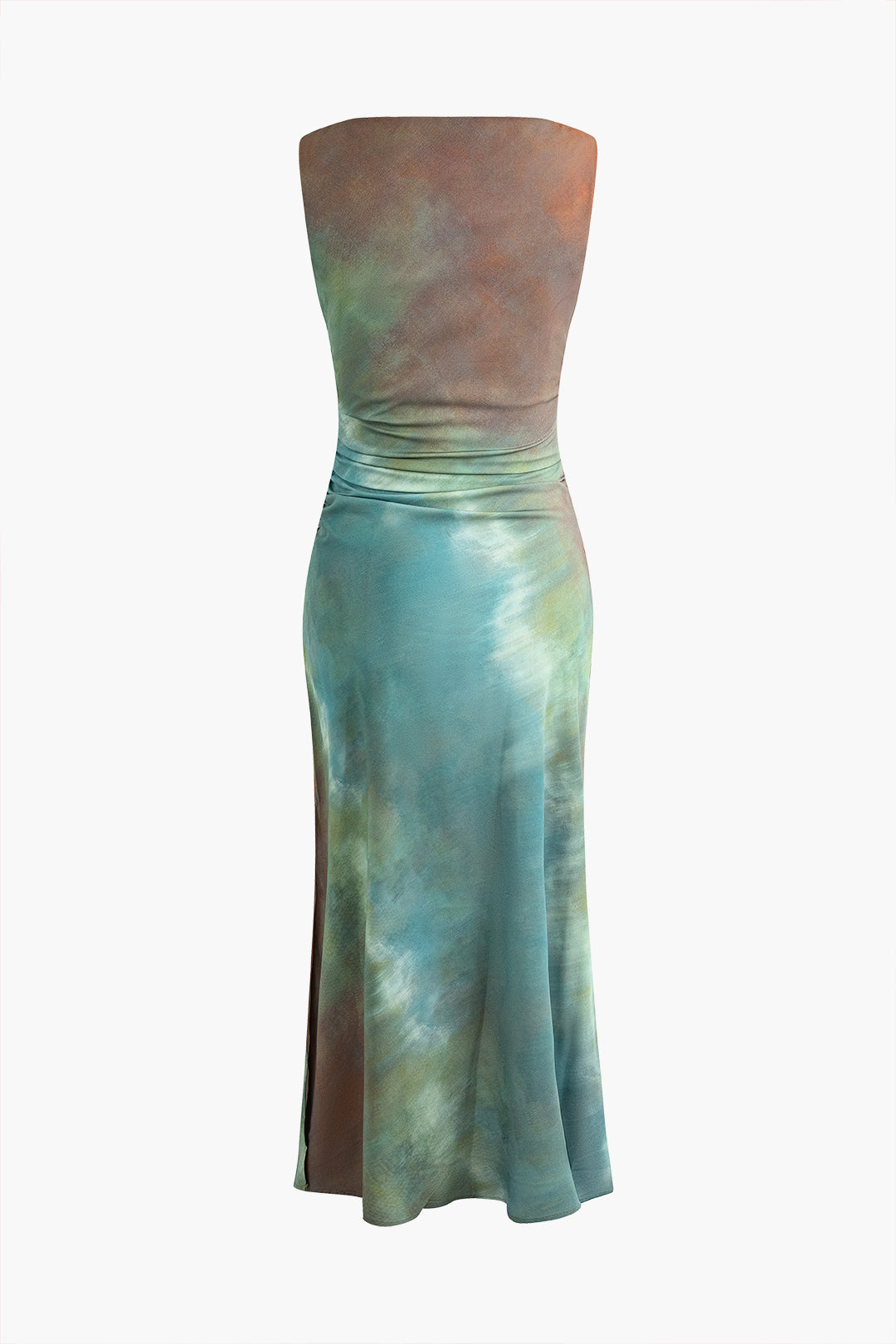 Tie Dye Sleeveless Cowl Neck Ruched Maxi Dress