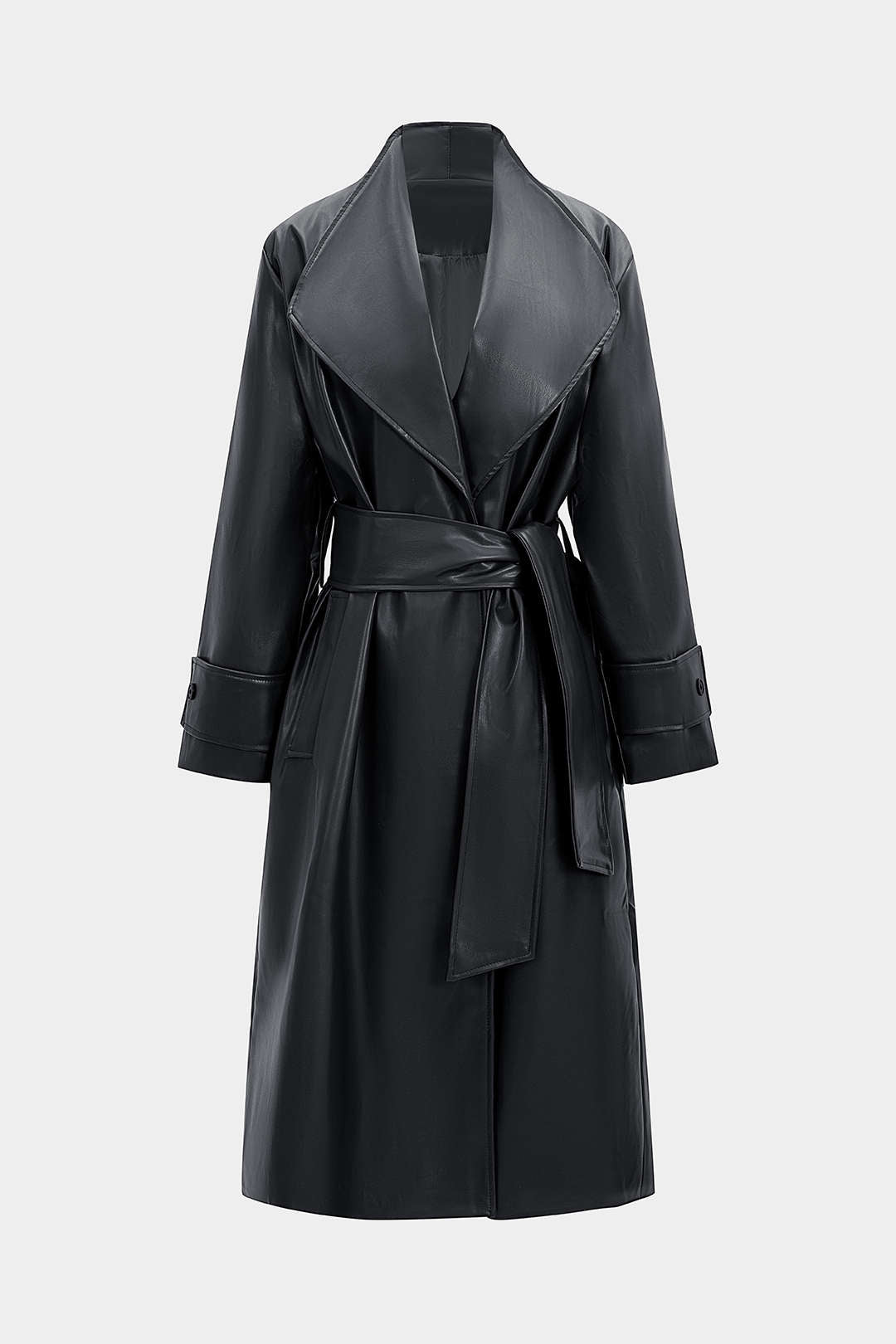Faux Leather Tie-Up Coat
