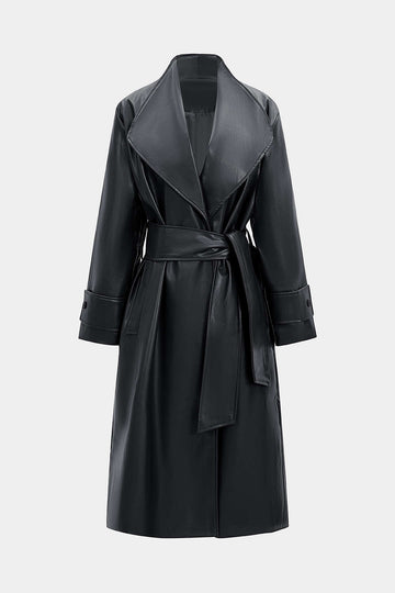 Faux Leather Tie-Up Coat