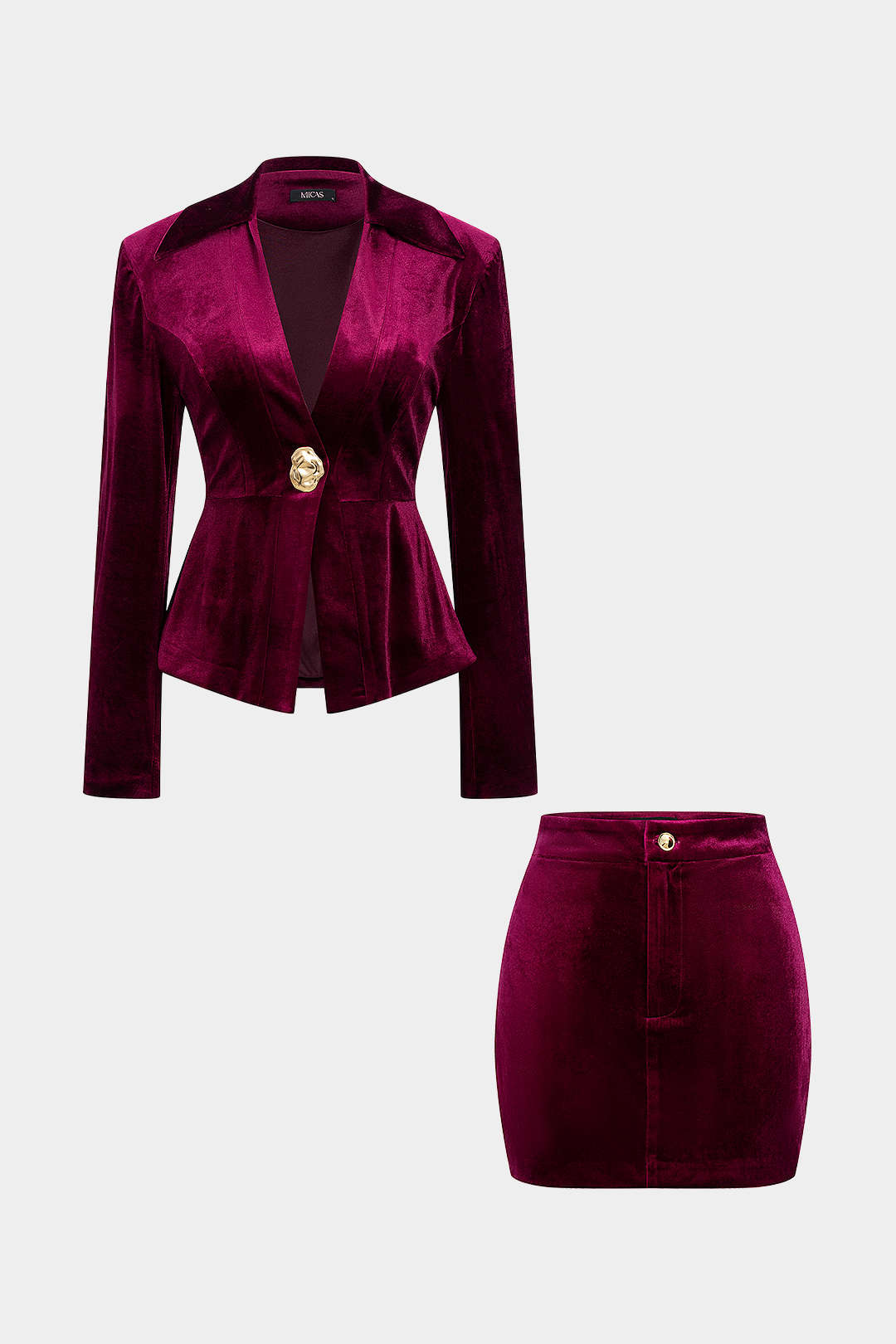 Metallic Button Zipper Shoulder Pads Long-Sleeve Top And Skirt Set