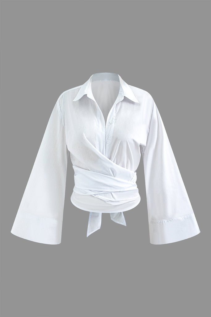 Knot Hem Bell Sleeve Wrap Shirt - decent-life