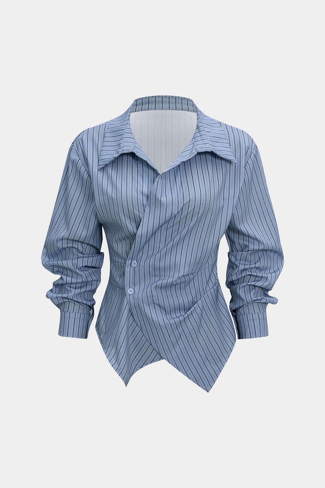 Stripes Print V-Neck Ruched Long-Sleeve Shirt