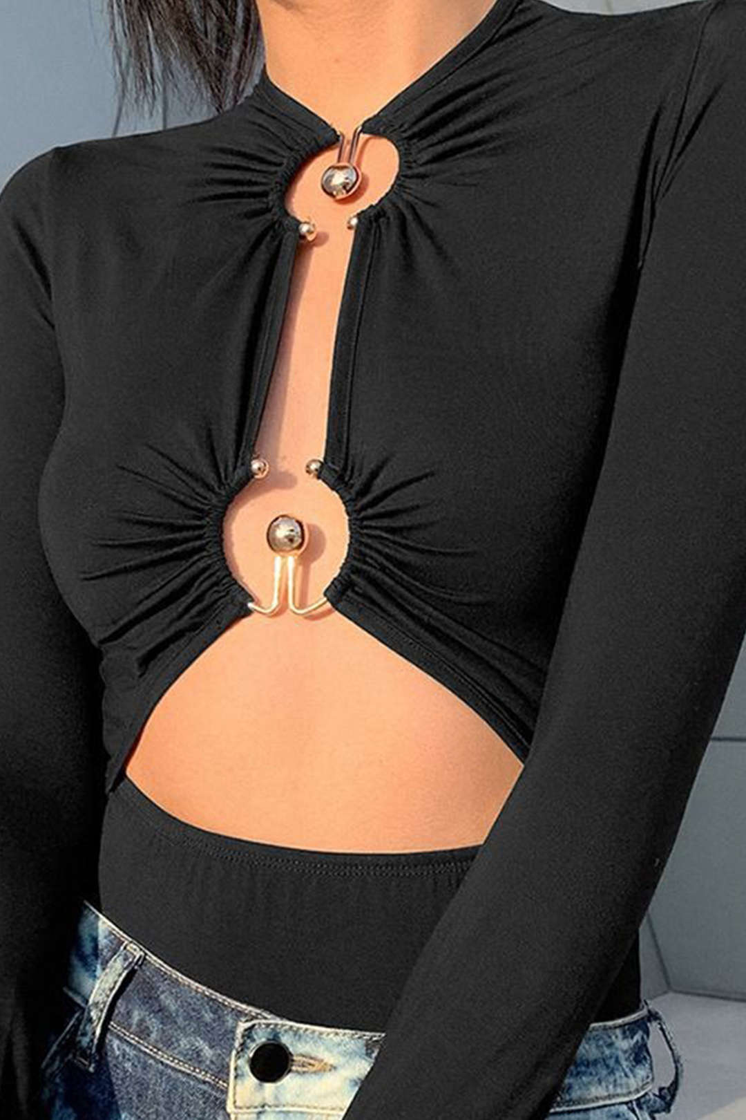 Ring Detail Cut Out Long Sleeve Bodysuit
