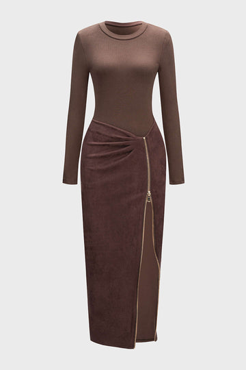 Round Neck Zipper Patchwork Long Sleeve Midi Dress