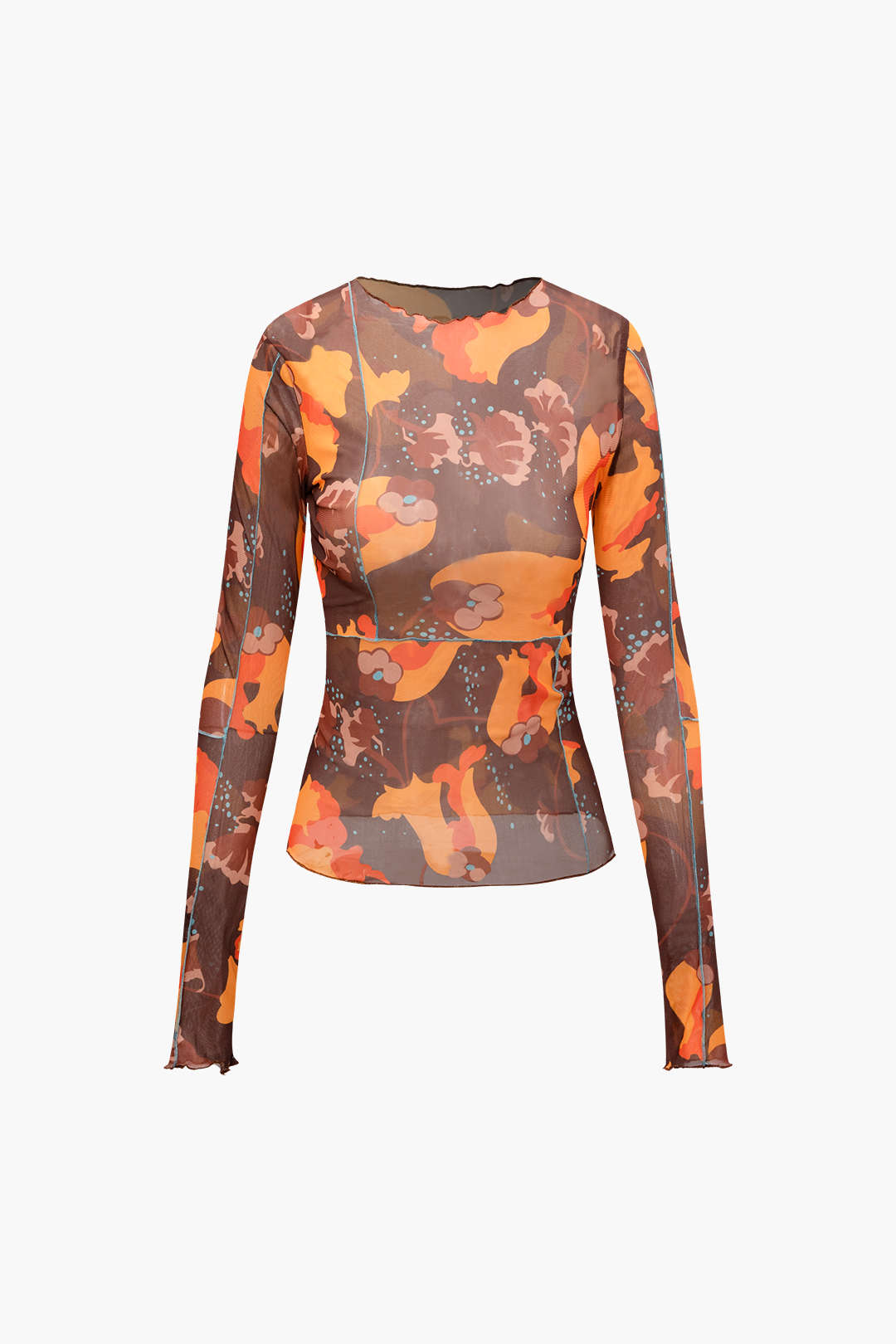 Printed Round Neck Mesh Long Sleeve Top