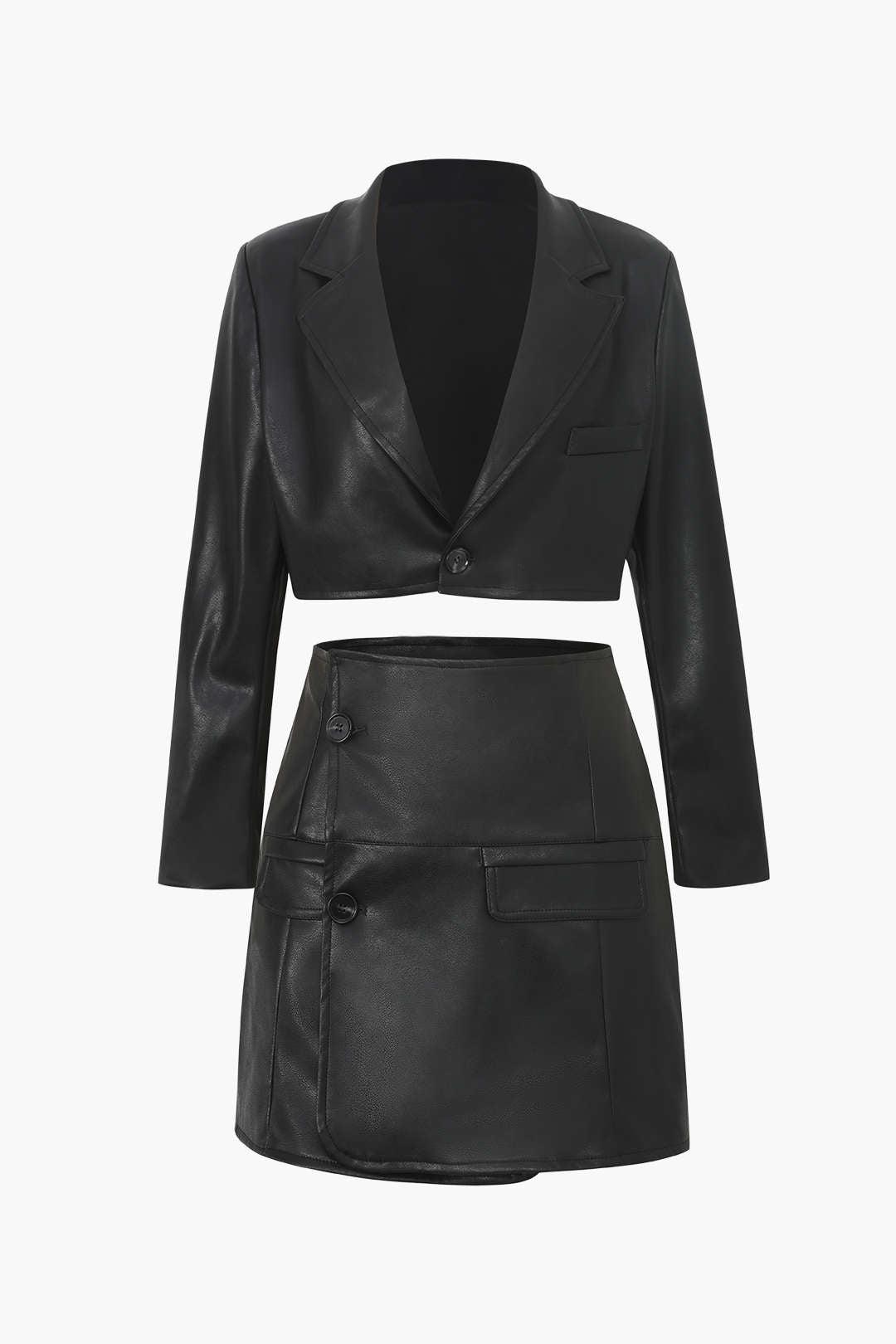 Faux Leather Cropped Blazer And Wrap Skirt Set