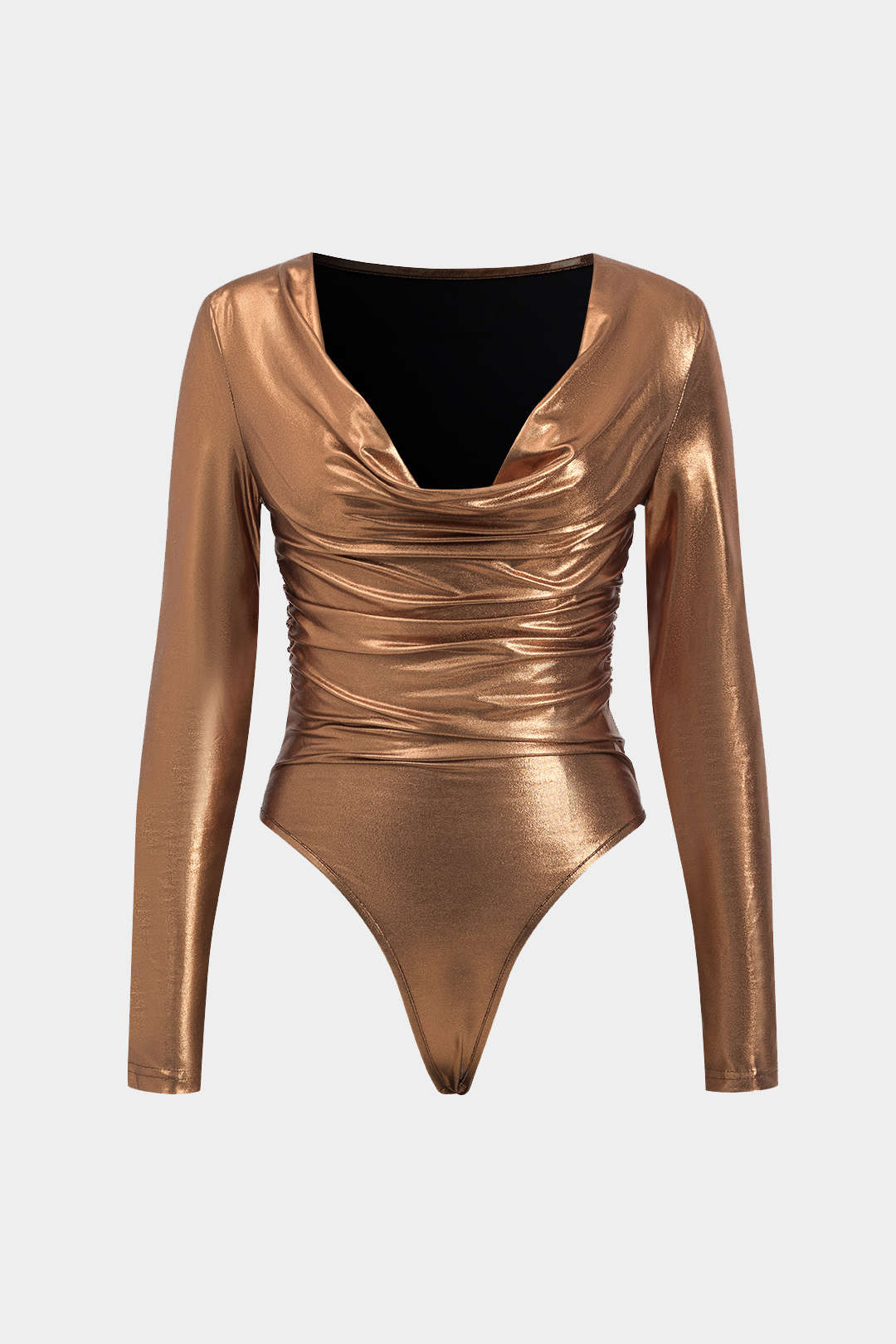 Faux Leather Long Sleeve Cowl Neck Bodysuit