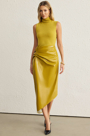 Faux Leather Patchwork High Neck Pleated Sleeveless Maxi Dress