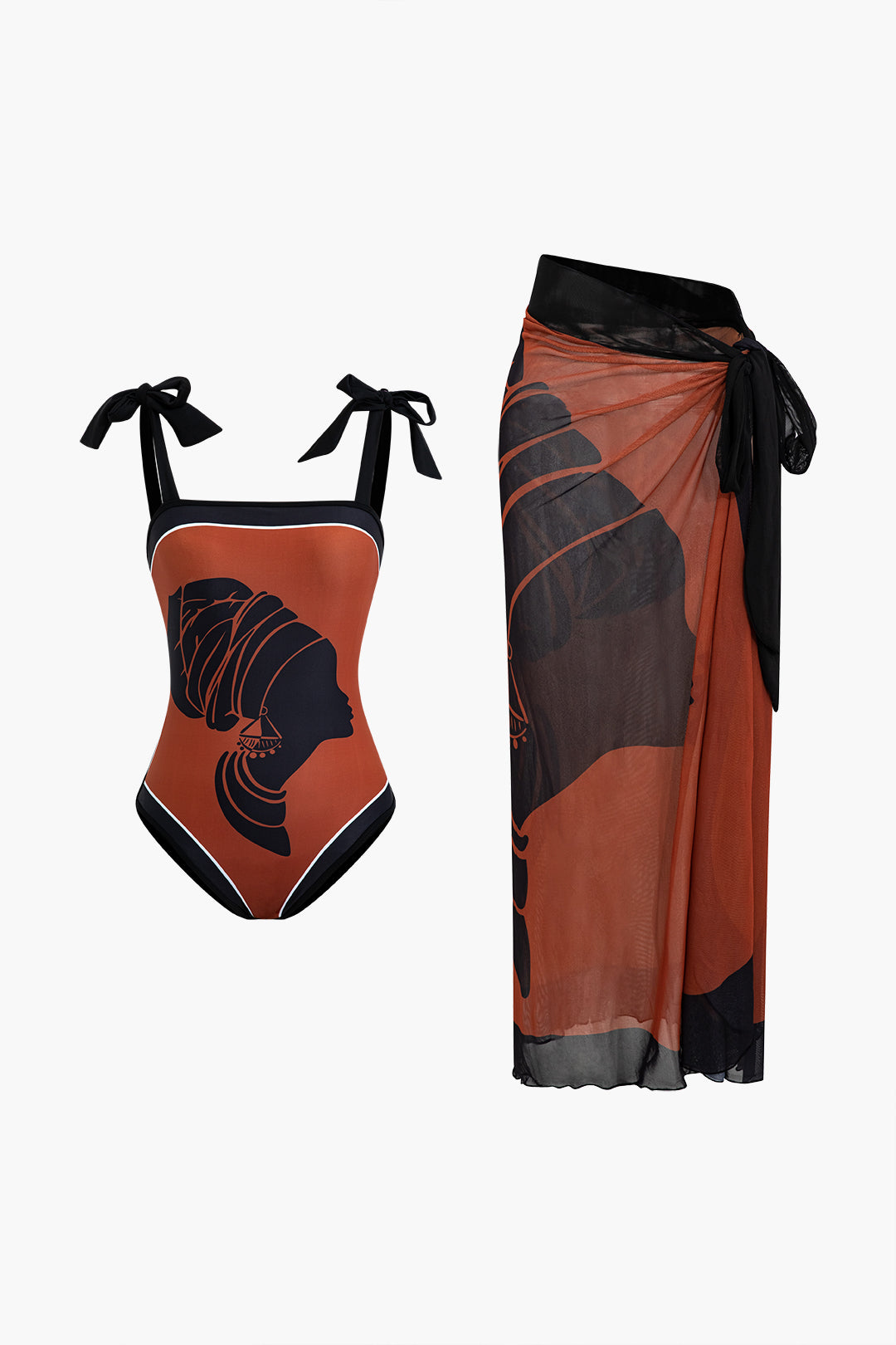 Face Print Tummy Control Bikini Set With Sarong