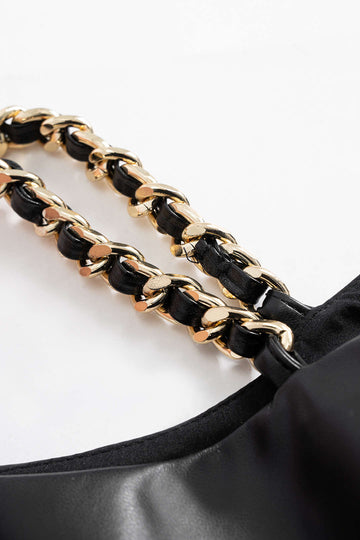 Faux Leather Metallic Chain Crossed Ruched Long Sleeve Mini Dress