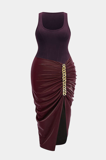 Plus Size Metallic Ruched Square Neck Sleeveless Midi Dress