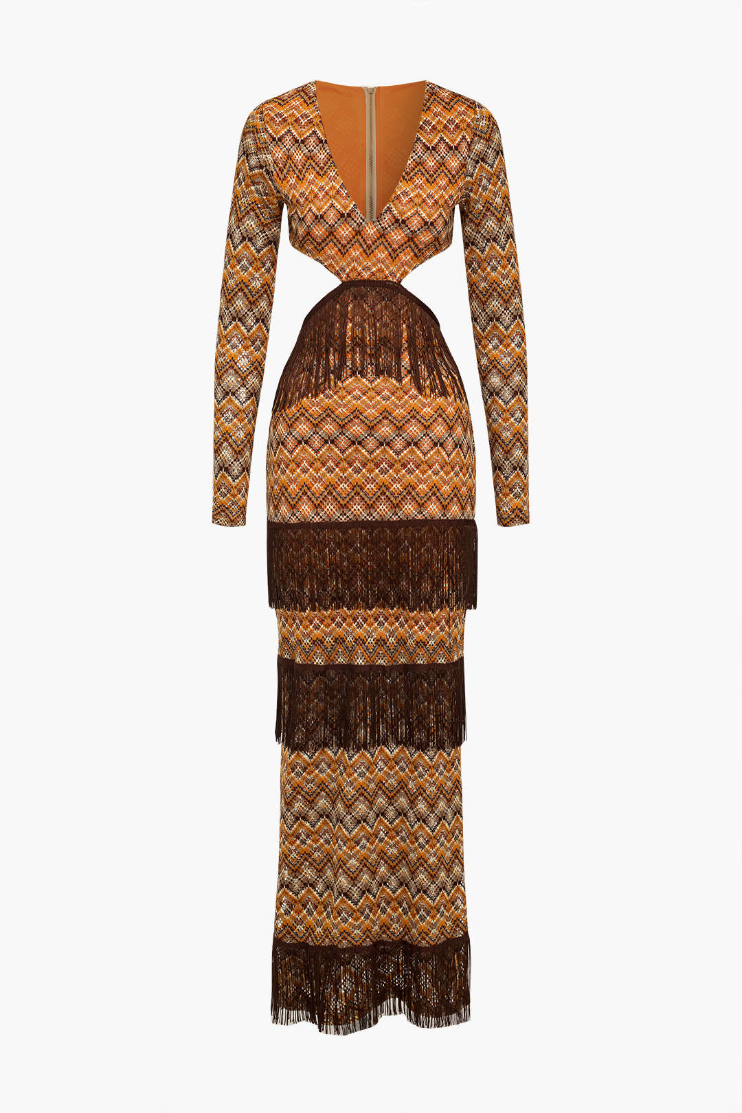 Bohemian Print Side Slit Fringe Trim Cut Out V-Neck Midi Dress