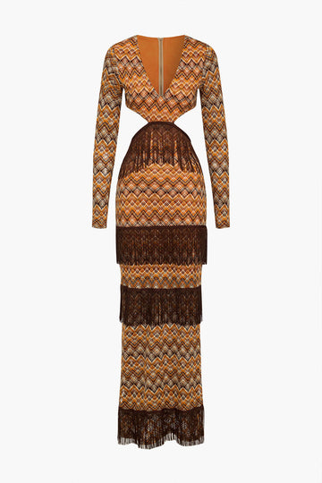 Bohemian Print Side Slit Fringe Trim Cut Out V-Neck Midi Dress