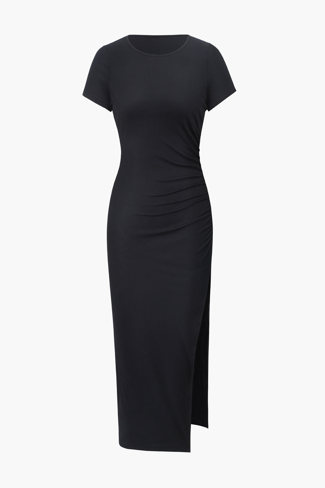 Solid Color Rib Knit Short Sleeve Slit Midi Dress – Micas