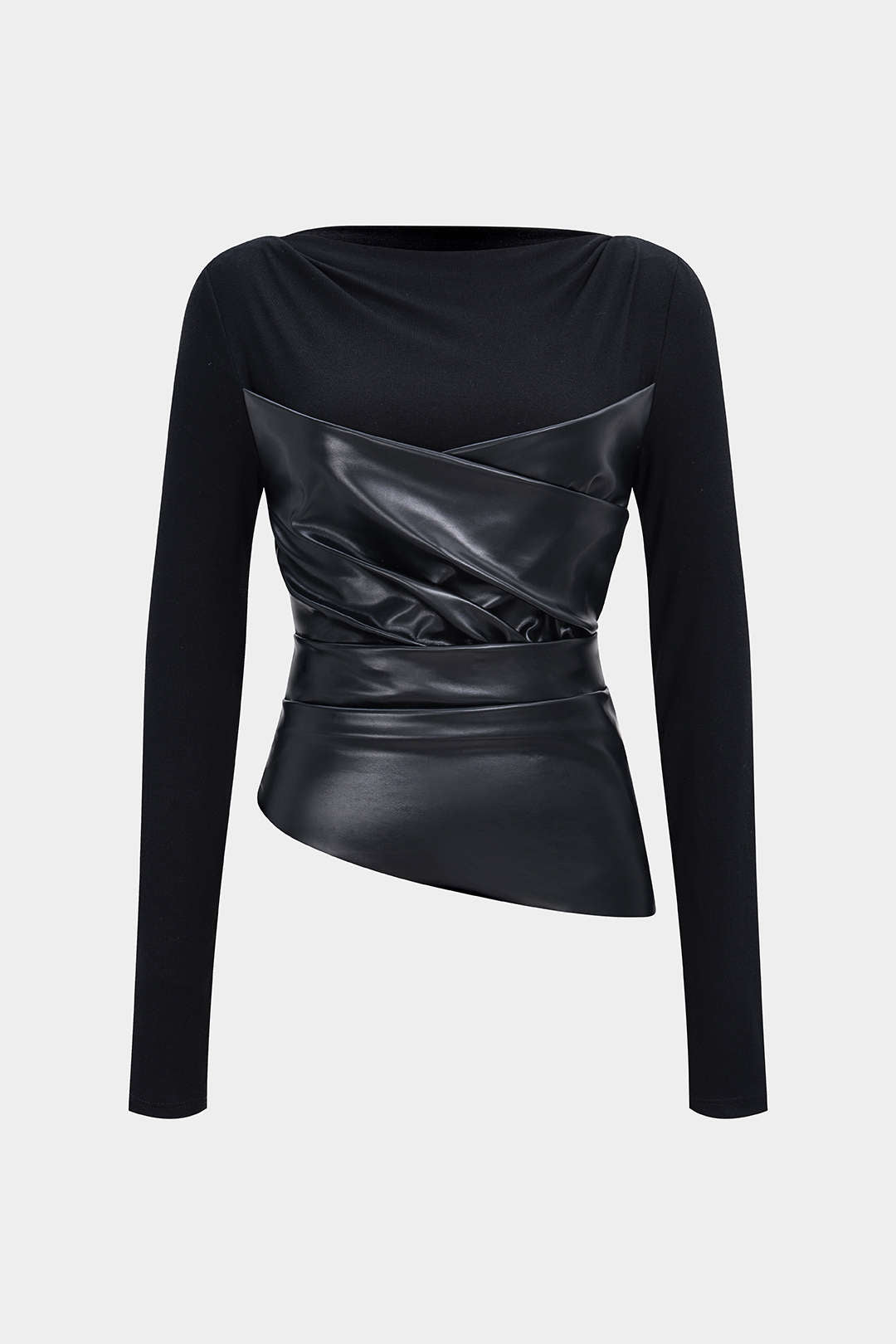 Faux Leather Patchwork Ruched Long-Sleeve Top