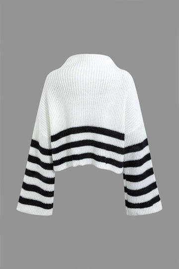 Oversized Stripe Zipper Stand-Up Collar Sweater