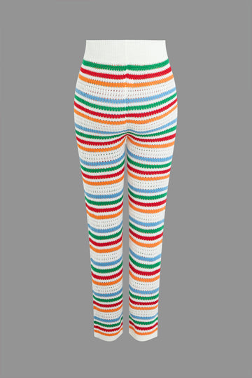 Striped Crochet Knit Top And Pants Set