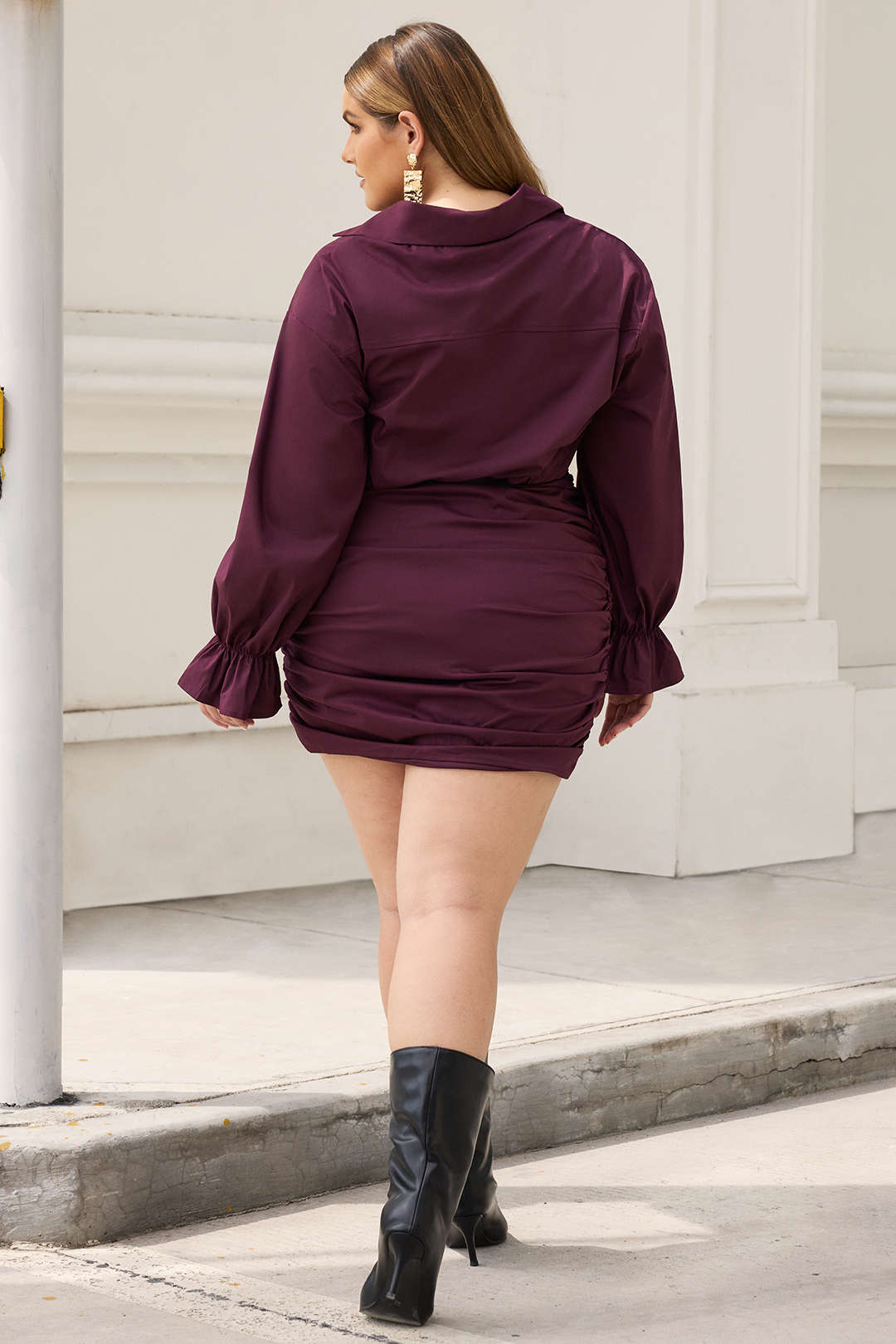Plus Size Ruched V-Neck Drawstring Ruffle Long Sleeve Mini Dress