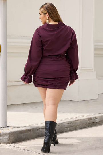 Plus Size Ruched V-Neck Drawstring Ruffle Long Sleeve Mini Dress