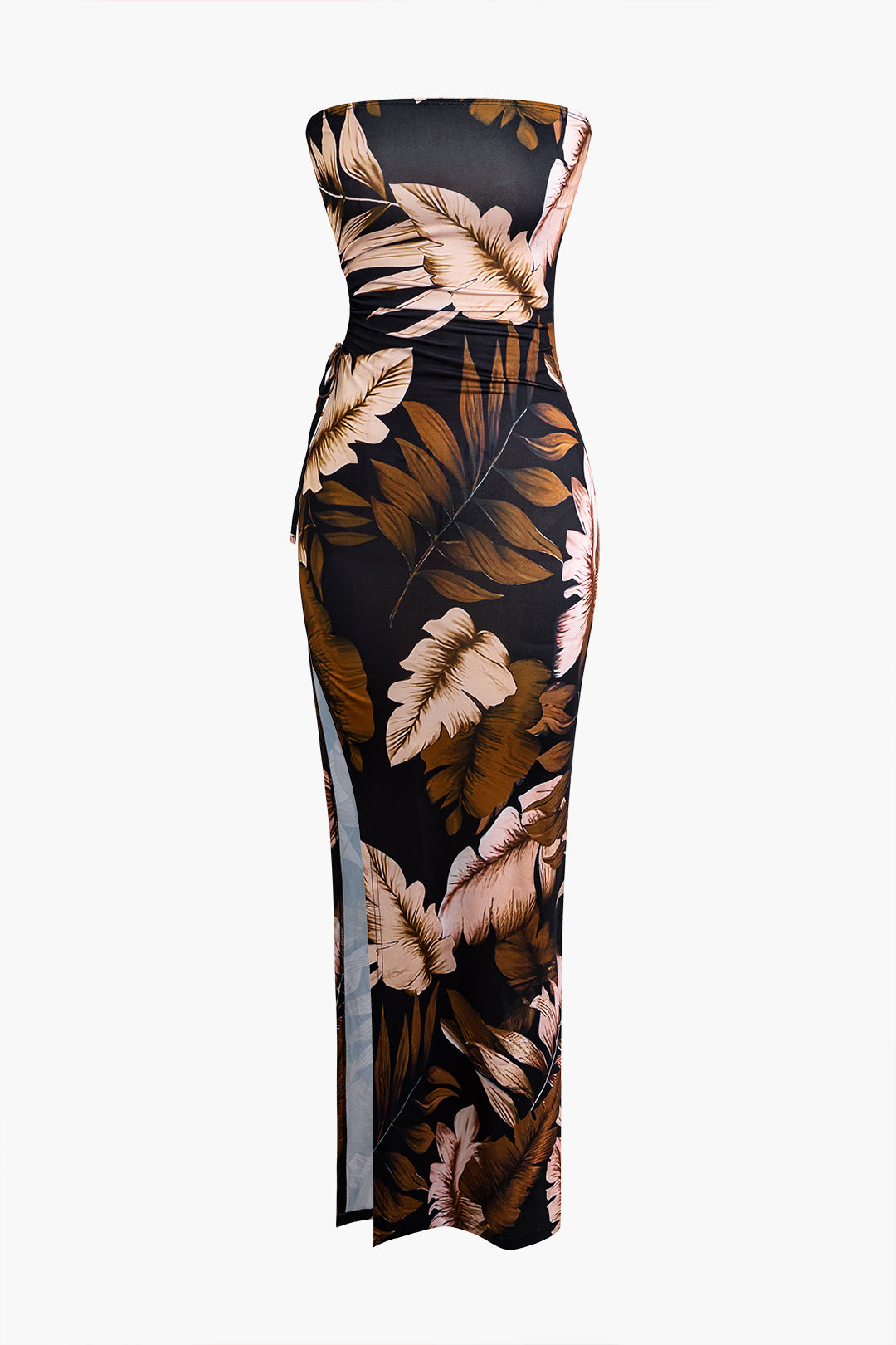 Leaf Print Strapless Slit Cut Out Midi Dress