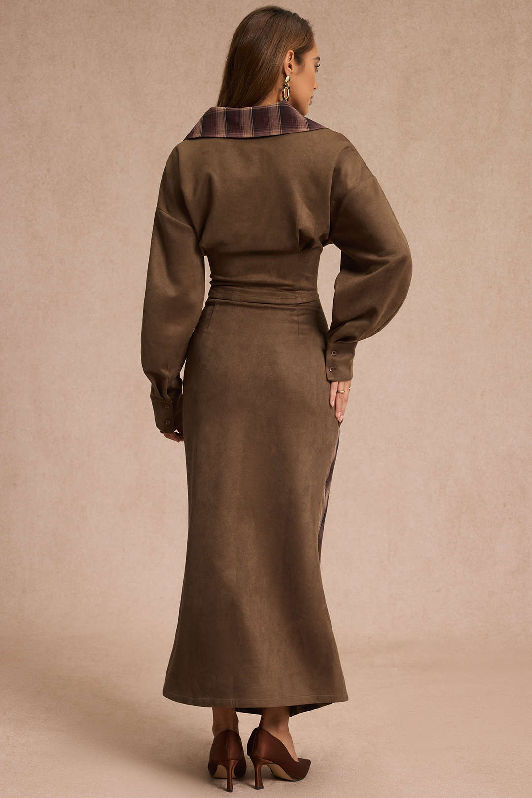 Suede Patchwork Notched Lapel Long-Sleeve Top