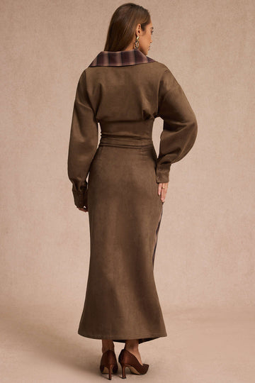 Suede Patchwork Notched Lapel Long-Sleeve Top