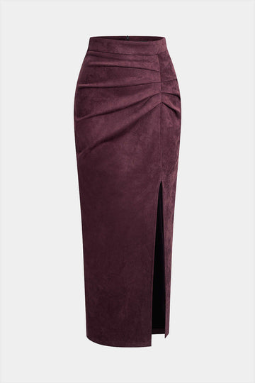 Suede Asymmetrical Ruched Side Split Zipper Skirt