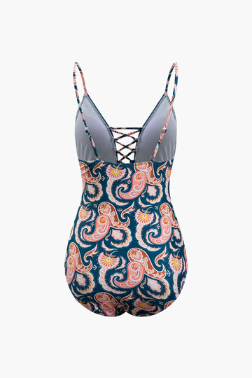 Paisley Print Tie Front One-piece Swimsuit