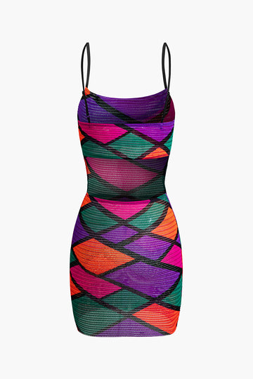 Color Block Geometric Open Knit Mini Dress