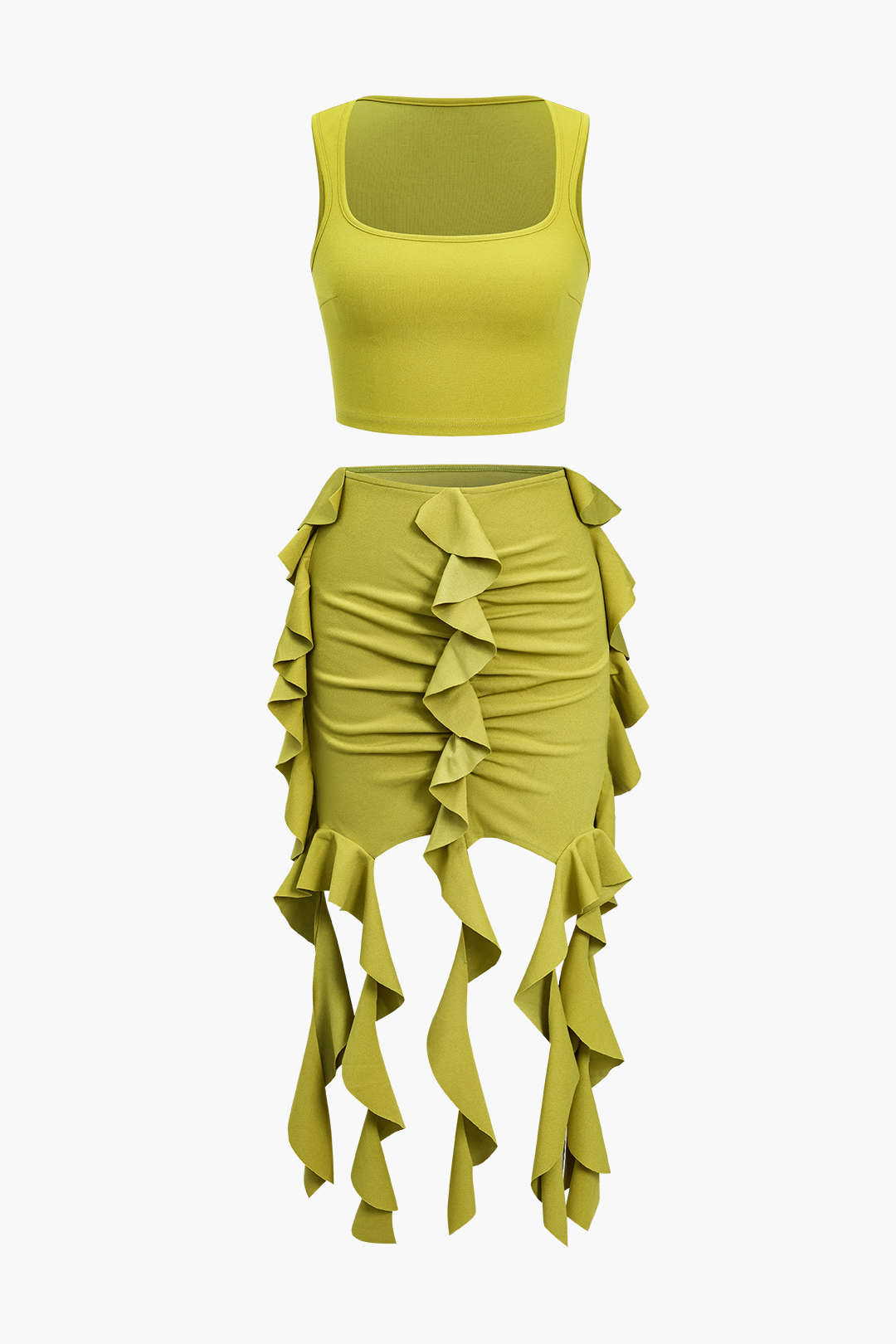 Solid Crop Tank Top And Ruffle Skirt Set